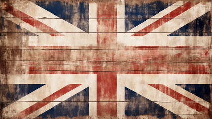 Wall Mural - Distressed dark worn background of a vintage Union Jack national flag of the United Kingdom on wooden board panels, stock illustration image 