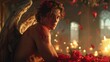 Wounded angel with roses, deep gaze, amidst a candlelit setting, evoking a blend of romance and melancholic mythology.