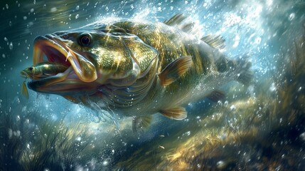 Wall Mural - Largemouth Bass Eating Bait created with Generative AI Technology, ai, generative
