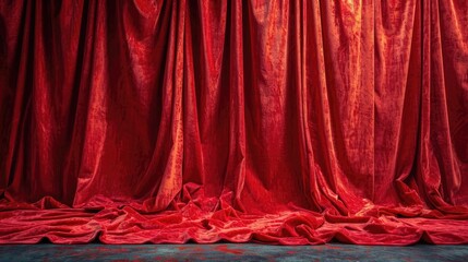 Wall Mural - Luxurious red velvet stage curtain with elegant drapery and rich texture, perfect for theatrical or event backdrops.