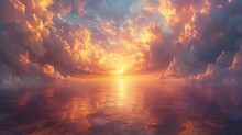 Fiery Sunset Over Tranquil Sea, With Radiant Clouds And Sun Beams Creating A Breathtaking, Dramatic Skyscape.