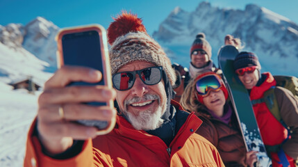 Wall Mural - A group of people capturing a moment in the snow. Perfect for social media posts or winter memories