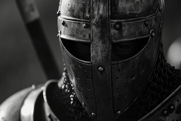 Wall Mural - A black and white photo of a knight in armor. Suitable for historical projects and medieval-themed designs