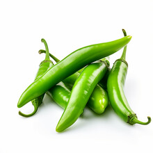 Image Of Ripe Green Chilies, Close-up, Isolated On A White Background.