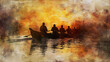 Painting of Group Rowing a Boat on Calm Waters