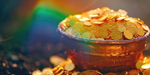 Sticker - A pot full of gold coins sitting on a table. Ideal for financial and investment concepts