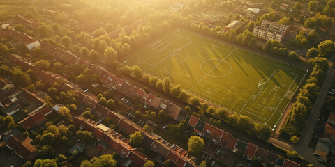 Wall Mural - A bird's eye view of a soccer field with houses in the surrounding area. This image can be used to depict community sports, residential neighborhoods, or recreational activities.