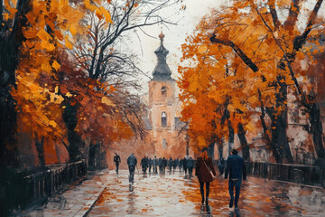 Poster - A painting depicting a group of people walking down a street. This versatile image can be used to illustrate urban scenes, city life, community, leisure, or daily activities