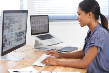 Wall Mural - business woman, computer screen and social media planning, marketing and graphic design of digital p