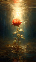 Oil Painting Single Red Rose Growing Under Water Dripping God Ray AI Generated Image