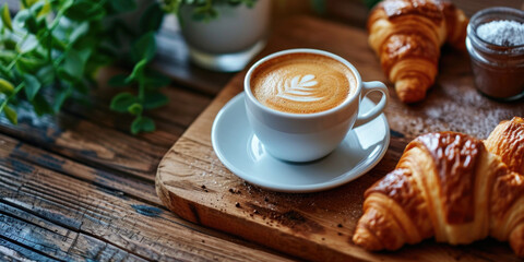 Wall Mural - A cup of coffee and some croissants on a table. Perfect for breakfast or a coffee break