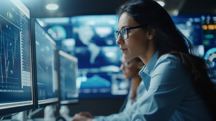 Female data Scientists Working on their Computers In Big Modern Laboratory, reviewing charts and diagrams of information on the monitor.