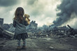 little girl looking at destroyed buildings