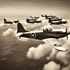 Canvas Print - AI generated illustration of formation of small planes flying over clouds and land