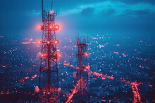 A Cityscape At Night, With Two Cell Towers With Red Lights Glowing In The Night Sky. The Towers Are Located In The Foreground, And They Are Surrounded By A Dense Urban Area. 