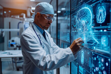 Artificial Intelligence In Medicine. Male Surgeon Doctor With Augmented Reality VR Glasses Looking At Futuristic Medical Charts At A High Tech Hospital. 3d Human Body Chart Organs In Laboratory 