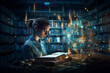 Cognitive technologies and artificial intelligence. Young caucasian beautiful woman well dressed is studying in a library of the future with a hologram helping. Future education