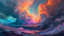 Oil Painting Of Huge Colorful Clouds In The Vibrant Sky