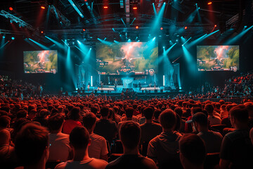 e-sports and virtual competitions. crowded esports arena, a pro player at a stadium competing in a t