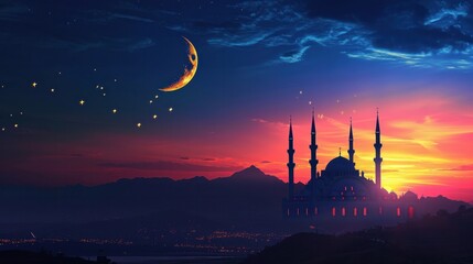 Wall Mural - mosque silhouette against a stunning sunset sky, with the crescent moon