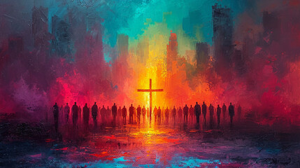 Wall Mural - Road to the Cross, Christian symbol, people go to the cross, illuistration