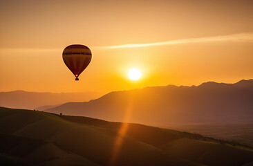  A balloon against the backdrop of mountains in the rays of the setting sun