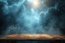 Empty Wooden Table With Smoke Float Up On Bright Background