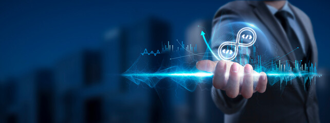 Wall Mural - devops: businessman holding devops icon and global network with analyzing technological data, contin