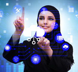 Wall Mural - Cloud computing concept with woman pressing buttons