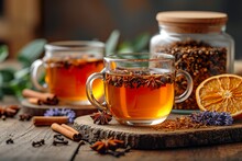 Hot Tea In A Glass Cup And A Jar With Dried Tea Grass On An Old Wooden Table. Spices And Cinnamon. Flower Tea