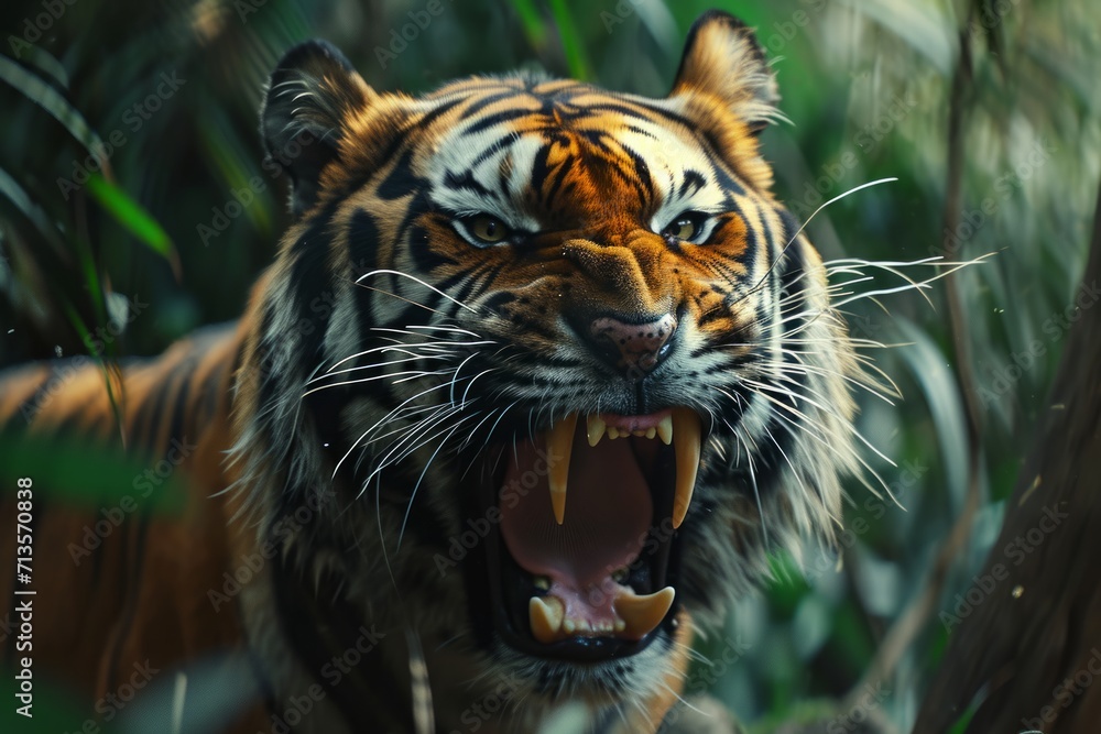 Ferocious tiger roaring in dense Asian jungle, exuding untamed power ...