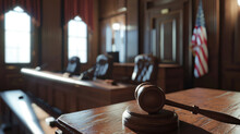 The Gavel Rests On The Foreground In A Traditional Courtroom, Symbolizing Law And Order With The American Flag In The Background