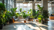 Um espaço de escritório moderno é transformado em um oásis de selva urbana com exuberantes plantas verdes adornando todas as superfícies disponíveis