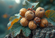 © Vadim - A group of nuts in group with leaf. A variety of nuts, including walnuts, almonds, and pecans, gathered and protected on the upper branches of a tree.