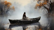 Autumnal Serenity: Woman in Rowboat on Misty Lake - Reflective Escape Collection, AI Generated