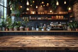 Fototapeta  - Wooden board empty Table Top And Blur stylish interior over blur in coffee shop Background, Mock up for display of product