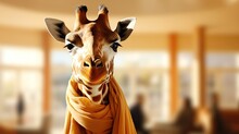 Cute Giraffe Wearing Knitted Scarf On Neck. Portrait Of Funny Animal In The Office. Generative AI