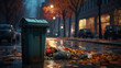 A trash can stands on a nighttime street, generative AI