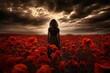 woman in red poppy flowers field in spring or summer with stormy sky. Dramatic landscape. Relationship, psychology, therapy concept. 