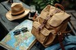 Tourism travel Information brochure. Traveler tour accessories maps, passport items man tourism backpack and visiting for planning business trips destination travel vacations world. Map background