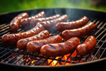 Bratwurst sausages grilling on backyard bbq grill with smoke. Summer cooking outside.