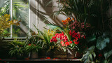 Fototapeta Storczyk - Uma cena serena apresentando uma variedade de plantas e flores exuberantes contra um pano de fundo de luz natural que entra por uma janela