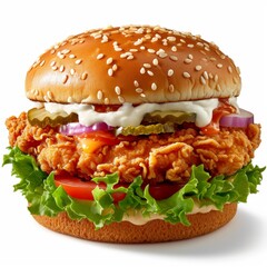 CRISPY CHEESY CHICKEN PATTY BURGER ON WHITE PNG