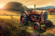 Illustration, focal point on a tractor standing in the center of a spacious and scenic field, vivid colors, rustic charm