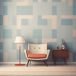 Retro style living room with armchair, geometric wallpaper, floor lamp, side table. Modern room with classic vintage aesthetics. Cozy interior design. Pastel blue and pink tones.