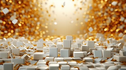 Wall Mural - illustration of glittering gold confetti and small white boxes scattered around. background blur