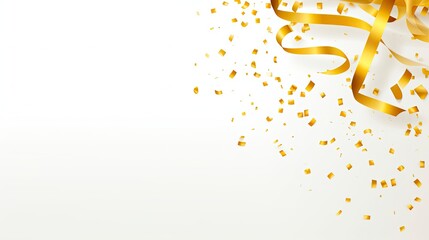 Wall Mural - Golden Confetti And Ribbon Falling On White Background.