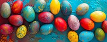 Colorful Easter Eggs On A Blue Background. Happy Easter Banner