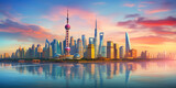 Fototapeta  - The Shanghai skyline at dusk, in the style of mountainous vistas, light teal and magenta, urban signage, kintsugi, sunrays shine upon it, terraced cityscapes