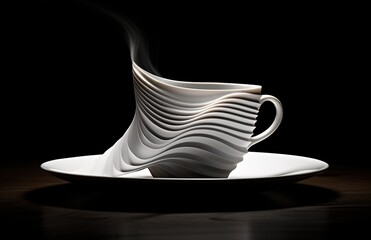 Wall Mural - stylish white cup of tea or coffee with steam on black background, swirl and wave pattern, drink concept with elegant curve lines 